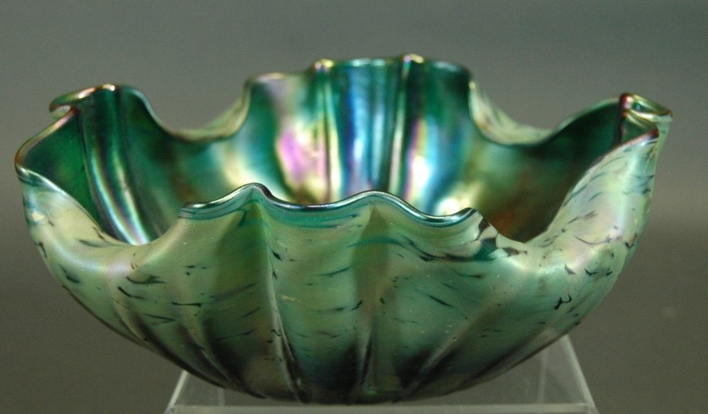 Large Loetz Art Glass Bowl: Large Loetz art glass iridescent bowl, crimped fold over edge with stunning iridescence, 4h, 9.5w. Fine condition. Unsigned.
