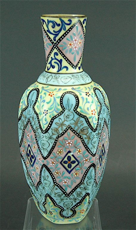Thomas Webb Moroccan Tapestry Vase: Thomas Webb, England, Moroccan Tapestry vase, 10.5h with all-over squeeze bag enamel decoration. Lots of gold trace remaining. Good condition.