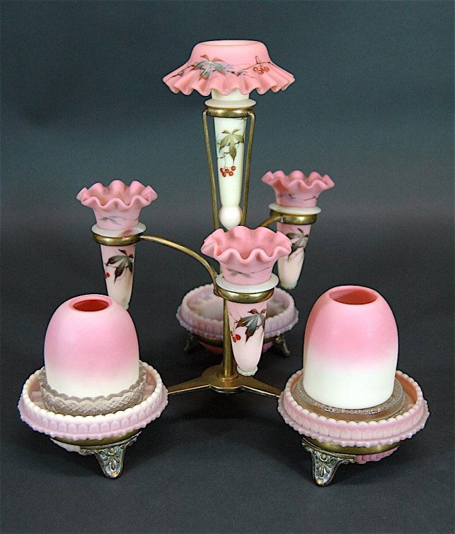 Burmese Fairy Lamp Epergne: Thomas Webb, Burmese fairy lamp epergne, with S. Clarke Fairy lamps. Hand painted bud vases and center-vase. This piece is too rare to not include even though it is missing a glass fairy lamp dome and