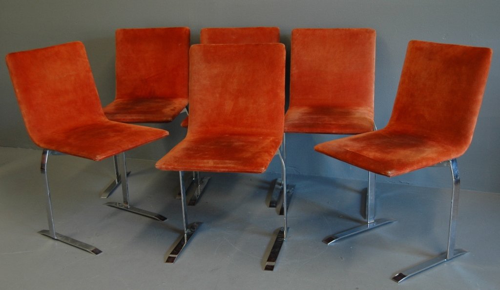 6 Giovanni Offredi "Inlay" Dining Chairs: Set of 6 Giovanni Offredi "Inlay" dining chairs, designed 1980 made by Saporiti, Milan. Orange suede upholstry with welded chrome plated steel frames. 35h 18w, 18d. Good condition, label attached.