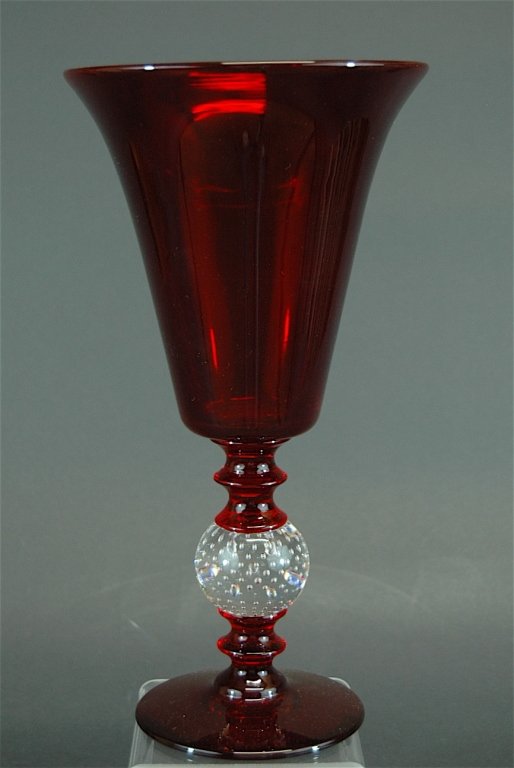 Pairpoint Ruby Vase: Pairpoint deep ruby vase with controlled clear bubble pedestal on ruby base. 12" mint condition.