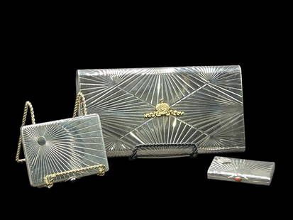 Estate Lot of 3 Sterling Faberge Mirrored Vanity Powder & Cigarette Cases 43.75 troy ounces: Estate Lot of 3 Sterling Faberge Mirrored Vanity Powder & Cigarette Cases 43.75 troy ounces. All three cases are mark 925- Sterling. Two of the cases have the Faberge signed marking, the third does no