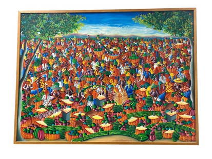 Emm Valcin 1984 Colorful Haitian Folk Art Large Oil Painting: E. Valcin 1984 Colorful Haitian Folk Art Large Oil Painting. This artwork by artist Emm Valcin depicts a Haitian community with an array of various people in a colorful village. It is in very good con