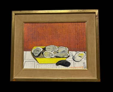 "Oysters" Oil on Canvas by Artist Sophy P. Regensburg (1885-1974): "Oysters" Oil on Canvas by Artist Sophy P. Regensburg (1885-1974). This is Mid Century Style piece of art, colorful depicting a tray of oysters. Signed in the bottom right by the artist Sophy Pollak R