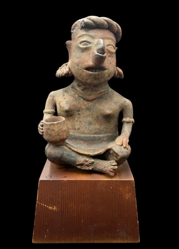 Seated Nayarit Primitive Female Figure in Clay on Wood Base (1 of 13)