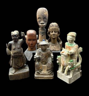 Estate Lot of 6 Antique Wood Carved Sculptures: Estate Lot of 6 Antique Wood Carved Sculptures. These is a wonderful lot of 6 primitive and vintage wood carvings. The measure between 4.5" to 10" in height. The combined weight is 4 lbs. These are pr