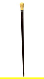 Antique 19th Century British Hardwood Walking Cane with Silver Collar: Antique 19th Century British Hardwood Walking Cane with Silver Collar. This is a 34" walking cane with carved handle and silver collar. The wood is in good condition with some age scratches or rubs, n