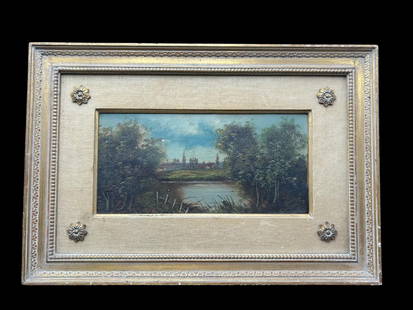 Antique Oil on Board Landscape Signed A. Cook ?: Antique Oil on Board Landscape Signed. This is a beautiful landscape of a meadow with trees, a lake or river and farmland in the background. It is signed in the bottom left but cannot make out the sig
