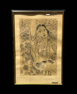 Matisse Charcoal Lithograph Drawing "Arabesque" 82/150 Mourlot Edition: Matisse Charcoal Drawing Lithograph "Arabesque" 82/150 Mourlot Edition. This is a 13" x 19" charcoal drawing print by the famous French visual artist Henri Matisse (1869-1954). This piece is titled "A