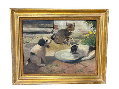 Vintage Oil on Canvas Cat & Puppy Dog Signed Oil Painting: Vintage Oil on Canvas Cat & Puppy Dog Signed Oil Painting. This is a cute painting depicting a cat watching 2 puppy dogs at play and eating. It is signed in the bottom right but not legible. It