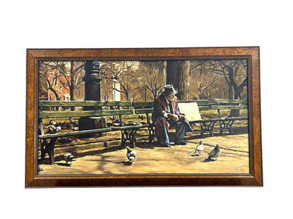 Stephen Sebastian "Park Buddies" Large Oil Acrylic on Canvas 2005: Stephen Sebastian "Park Buddies" Large Oil Acrylic on Canvas 2005. This is an original artwork by North Carolina Artist Stephen Sebastian. It depicts an old man sitting on park bench feeding his "Budd