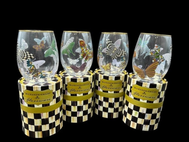 MacKenzie Childs (USA) 2015 4- Butterfly Garden Cooler Stemless Wine Glasses in Original Boxes: MacKenzie Childs (USA) 2015 4- Butterfly Garden Cooler Stemless Wine Glasses in Original Boxes. These are pre-owned but in like new condition with no chips, marks, cracks or damage. Each one is covere