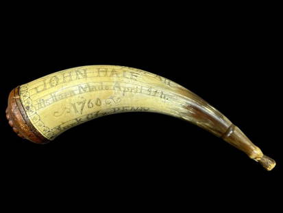 Pennsylvania Engraved Powder Horn, John Hale 1760: Pennsylvania Engraved Powder Horn, John Hale 1760. This piece is engraved with script and pictorial military characters. Engraved: " POWDER WITH MY BROTHER BALL A HERO DO CONQUOR ALL". Patina color th