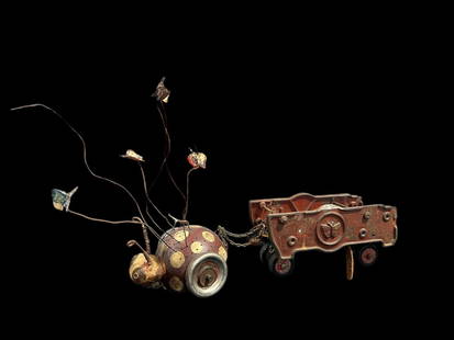 Winter Park, FL Artist John Whipple Lady Bug & Wagon Mixed Media Sculpture Figure: Winter Park, FL Artist John Whipple Lady Bug & Wagon Mixed Media Sculpture Figure. This is an original piece by John Whipple who formerly worked for Nickelodeon. It is a steam punk style piece made fr