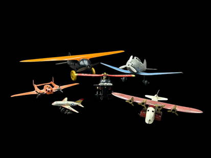 Estate Lot of 6 Antique & Vintage Steel & Tin Metal Toy Airplanes- Wyandotte-Marx: Estate Lot of 6 Antique & Vintage Steel & Tin Metal Toy Airplanes- Wyandotte. 1) Wyandotte (1930"s) pressed steel metal plane with 18" wing span. Orange and black with yellow tires. 2). Blue 13.5 " Wi