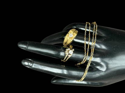 Estate Lot of 18k and 14k Yellow Gold Rings and Necklace 14 grams: Estate Lot of 18k and 14k Yellow Gold Rings and Necklace 14 grams. 1) Men's 18k gold and diamond center ring, marked 18 KP. Size 12, 10 grams. 2) 14k yellow gold Trubrite Wedding Ring Set & 14k gold 1