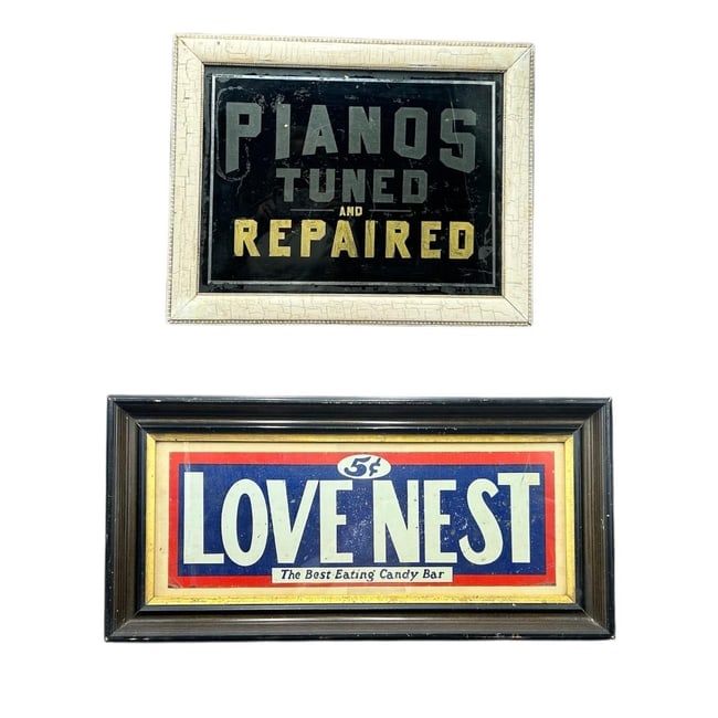 Estate Lot of 2 Framed Vintage Advertisement Signs "Pianos Tuned"  & "Love Nest Candy Bar" (1 of 13)
