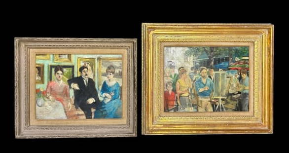 Estate Lot of 2 - Antique Oil Paintings on Board - Impressionist Figural: Estate Lot of 2 - Antique Oil Paintings on Board - Impressionist Figural. 1). This artwork depicts a townsquare scene the artist painting to onlookers. There is a possible artist signature at the bott