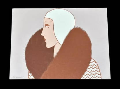 1975 William Omurcada "MADEMOISELLE" Serigraph on Paper 85/375: 1975 William Omurcada "MADEMOISELLE" Serigraph on Paper. This piece features an abstracted portrait of a woman wearing a brown fur, printed on off-white bristol paper, limited edition 85/375, signed a