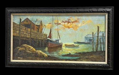 Large Vintage Seaside Boat Landscape Oil on Canvas by L. Raymond: Large Vintage Seaside Boat Landscape Oil on Canvas by L. Raymond. Artist: L. Raymond (American 1888-1941) born in Caryle, In. This is a Maritime painting of sailboats in a beautiful harbor. Signed