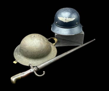 Estate Lot of German WWII & US WWI Military Metal Helmets & French Bayonet: Estate Lot of German WWII & US WWI Military Metal Helmets & 1877 French bayonet. 1) Vintage 1940's (Blue) WWII German Luftschutz Gladiator Helmet. Marked inside RL2-40/2The helmet shows age, with dent