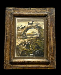 1961 "Roman Ruins" by Eugene Berman Drawing & Wash: 1961 "Roman Ruins" by Eugene Berman Drawing & Wash. Russian Artist 1899-1972 (1942) - Eugène Berman. The art depicts a landscape village bridge with goats. Initialed and dated by artist on bottom