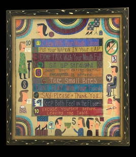 Original Fabric Applique Artwork by Michigan Artist Chris Lee Roberts-Antieau "10 TABLE MANNERS": Original Fabric Applique Artwork by Michigan Artist Chris Lee Roberts-Antieau "10 TABLE MANNERS". This creation is a painted fabric and mixed media collage tapestry depicting "10 Table Manners"