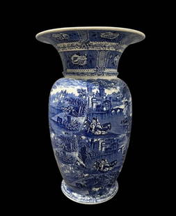 LARGE Early Cauldon England Blue & White Transferware Vase 21": LARGE Early Cauldon England Blue & White Transferware Vase 21". This is stunning English Vase standing 21 1/8" tall x 13 1/4" W at mouth of opening. It is a deep cobalt blue with scenes of castles,