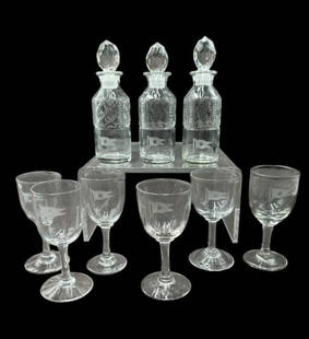 Antique White Star Lines Titanic 9pc Glass Sipping Goblets & Cruets with Stoppers: Antique White Star Lines Titanic 9pc Glass Sipping Goblets & Cruets with Stoppers. This lot is from the White Star Line like the Titanic fine dining accessories. There are also 6- small 1.5" sipping g