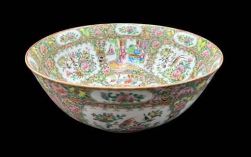 Chinese Rose Medallion Porcelain Large 14.75" Bowl: Chinese Rose Medallion Porcelain Large 14.75" Bowl. The rose famille impressive bowl is decorated with panels of flowers, birds, butterflies fruit & courtyard character scenes. Overall the condition i