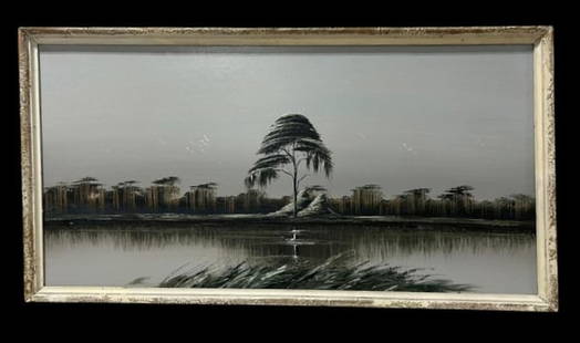 Large Original FLA Highwaymen Oil Painting by Artist J. (James) Gibson Florida River Scene: Large Original FLA Highwaymen Oil Painting by Artist J. (James) Gibson Florida River Scene. James David Gibson (1938 - 2017) is an American landscape artist from Moore Haven, Florida and one of the