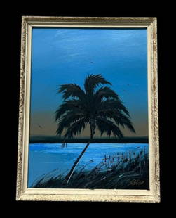 Original FLA Highwaymen Oil Painting by Artist J. (James) Gibson Florida Blue Palm Tree Scene: Original FLA Highwaymen Oil Painting by Artist J. (James) Gibson Florida Blue Palm Tree Scene. James David Gibson (1938 - 2017) is an American landscape artist from Moore Haven, Florida and one of