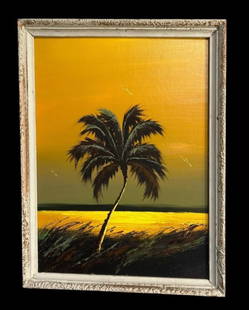 Original FLA Highwaymen Oil Painting by Artist J. (James) Gibson - Florida Orange Sky Sunset Palm: Original FLA Highwaymen Oil Painting by Artist J. (James) Gibson - Florida Orange Sky Sunset Palm. James David Gibson (1938 - 2017) is an American landscape artist from Moore Haven, Florida and one