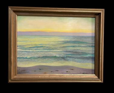 Pastel Ocean Landscape Oil on Canvas Art by Florida Artist Michael Hodowal: Pastel Ocean Landscape Oil on Canvas Art by Florida Artist Michael Hodowal. This is a beautiful expressionism art piece by Hodowal (B1959-), depicting the ocean in pastel sunset colors. It is
