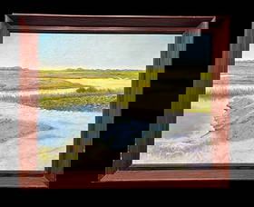 Pastel Prairie Oil Landscape Art by Florida Artist Michael Hodowal: Pastel Prairie Oil Landscape Art by Florida Artist Michael Hodowal. This is a beautiful expressionist art piece by Hodowal (B. 1959-), depicting a open prairie land and water in pastel sunset colors.