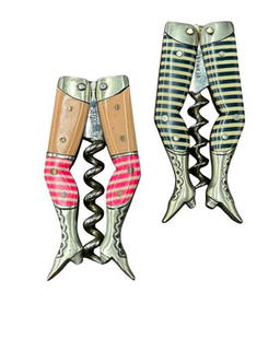 Pair of 1890's German Celluloid Lady Stocking Legs Corkscrews: Pair of 1890's German Celluloid Lady Stocking Legs Corkscrews. These are adorable antique corkscrews made in Germany by Graef & Schmidt. One is tan legs with short pink and white stockings the other