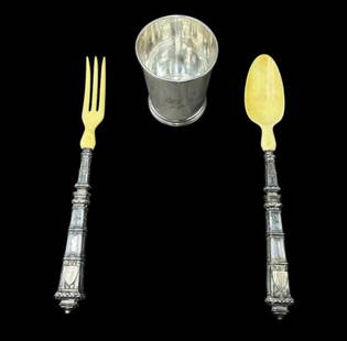 William H. Ewan Southern Coin Silver Mint Julip Cup & Pr of French Sterling set: Estate Lot - American Coin Silver Mint Julip Cup & Pair of French Sterling Salad Server Set. 1). American Coin Silver Mint Julip Cup by William H. Ewan 1786-1852, Charleston, SC. Engragraved on