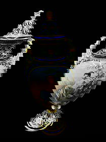 Sevres Style Blue Ground Meissen Ovoid Two-Handled Urn Vase- AS IS: Sevres Style Blue Ground Meissen Ovoid Two-Handled Urn Vase-AS IS. This is the companion to the vase sold in our July 20th, 2025 auction. This is a beautiful gilt metal mounted porcelain ovoid shaped