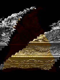 French 19th Century Style Large Gilt Bronze Roblin A. Paris Mantle Clock: French 19th Century Style Large Gilt Bronze Roblin A. Paris Mantle Clock. This very large clock depicts a romantic couple amongst flowers and leaves. The base is highly decorated representing the gild