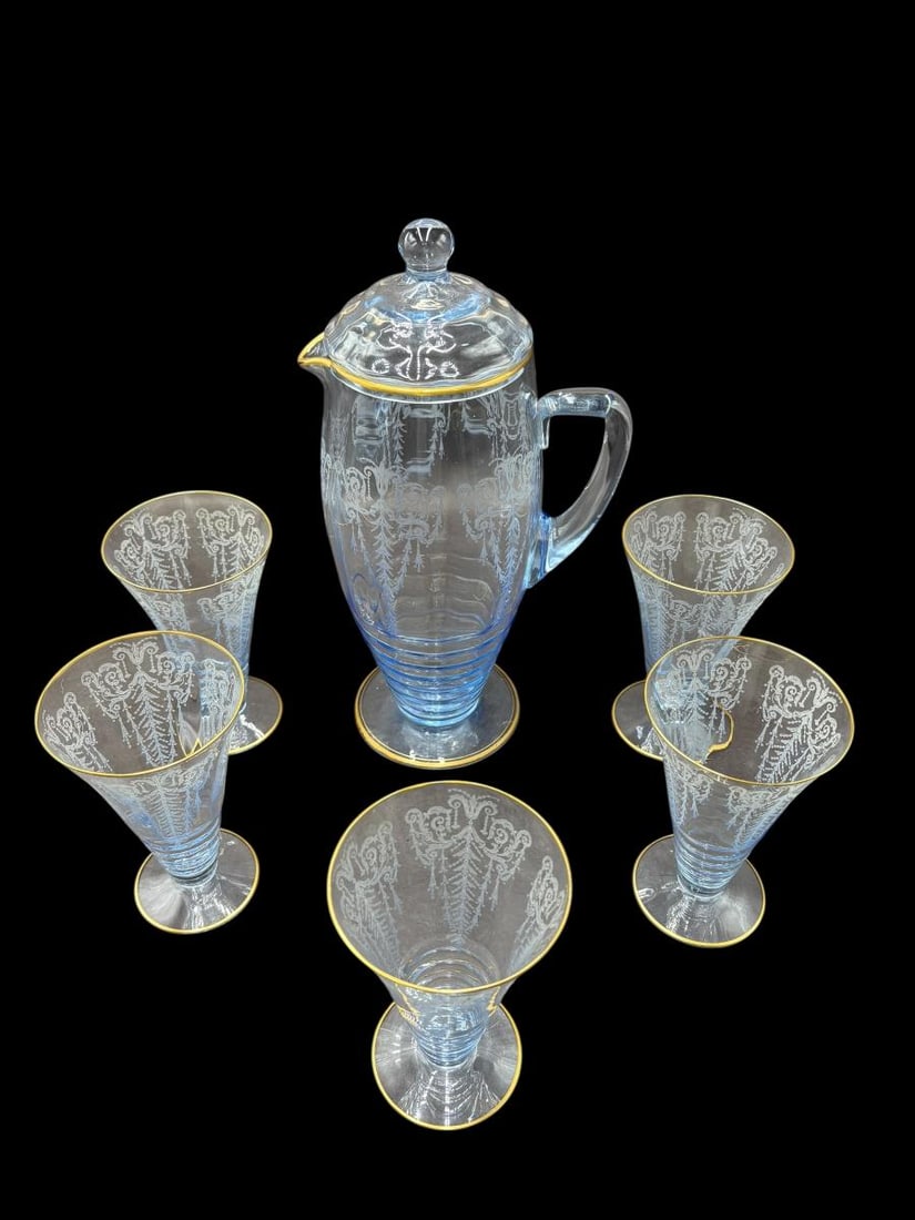 Vintage Cambridge Blue Etched Glass & Pitcher 6pc Iced Tea / Beverage Set (1 of 16)