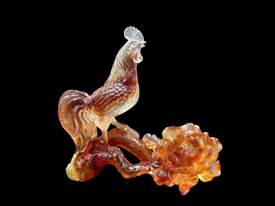 2004 Tittot Rooster and Flower Carved Crystal Art Glass Sculpture (1 of 17)