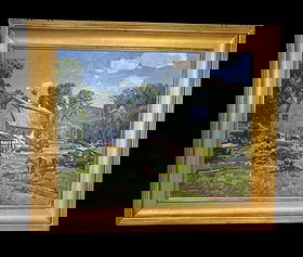 Tom M. Nicholas Oil on Canvas Framed Art "The Farm": Tom M. Nicholas Oil on Canvas Framed Art "The Farm". Studied at the Rockport School of Art, Tom Nichols resides in Massachusetts. This piece of art is a farm scene with a barn, animals and junk cars w