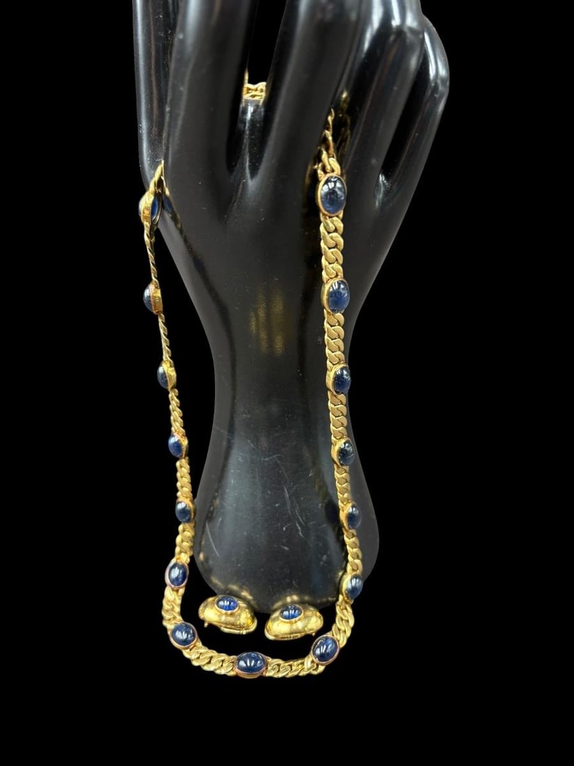 18k Gold & Sapphire 18" Necklace & Matching Earring Jewelry Set 63 grams (1 of 13)