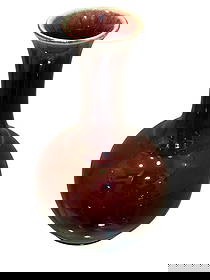 Chinese Art Pottery Sang de Boeuf "Oxblood" Flambe 9" Vase: Chinese Art Pottery Sang de Boeuf "Oxblood" Flambe 9" Vase. This vase is long waisted with globular belly porcelain vase with thick glaze. It has a white rim around vase and bottom portion of inside.