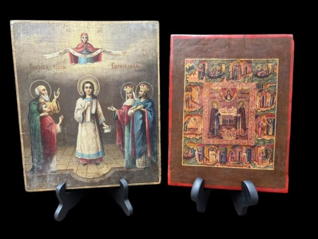 Estate Lot of 2 Antique Russian Religious Icons on Wood Panel (1 of 20)