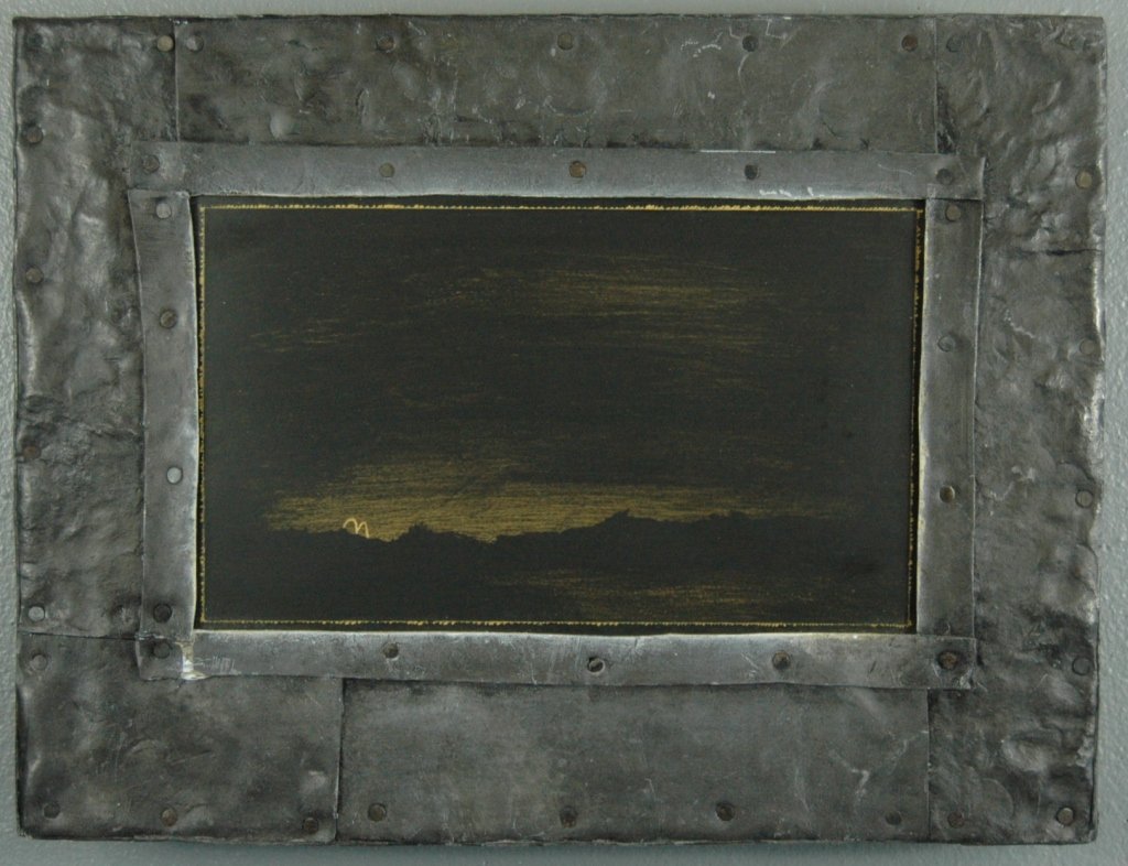 Adam Straus, Oil on Canvas: Adam Straus, oil on canvas, encased in riveted lead frame, "American Landscape" image size 11.5" x 7", heavy layered lead sheet on wooden frame, 17.5" x 13.25" x 3" deep. Scene depicts dark landscape