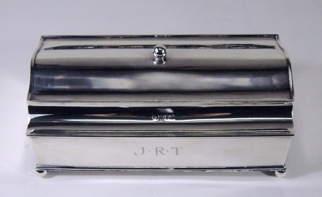 English Sterling Double Inkstand: English sterling silver double inkstand and pen holder with cover. Monogrammed JRT , for John R. Talley, Coca-Cola CEO. English hallmarked, signed "Stewart Dawson, LTD. Regent Street W." 2 glass inkwe
