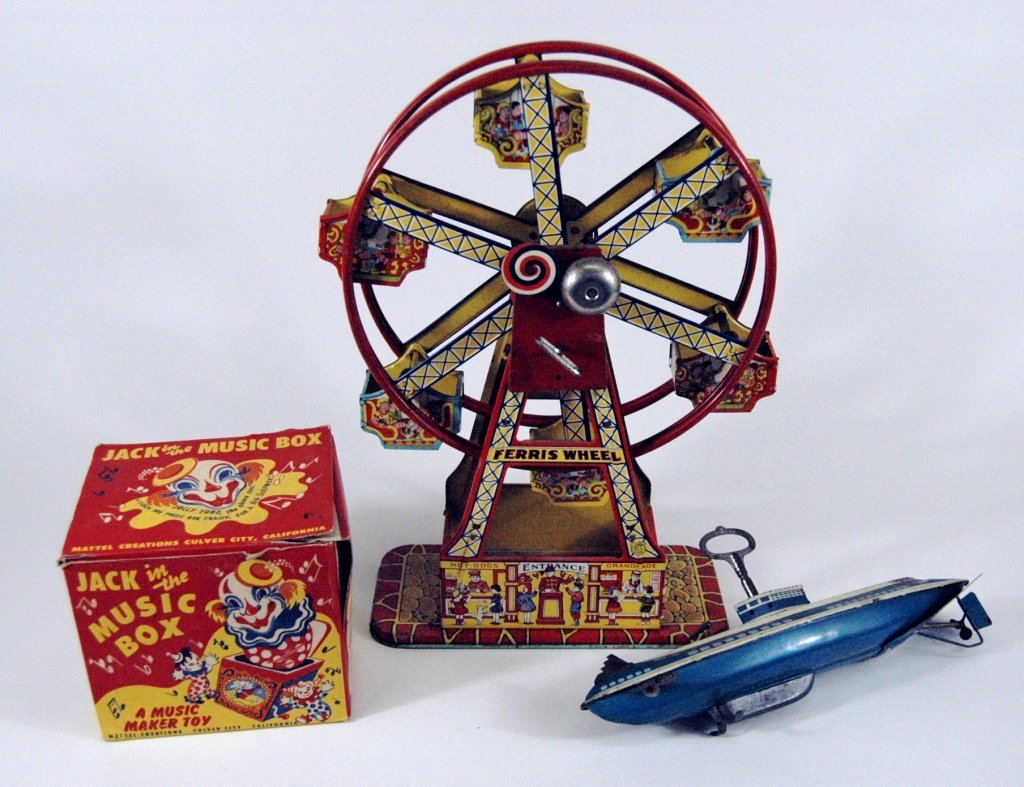 Group of 3 Early Toys: Group of 3 early toys; Chein "Hercules" Ferris Wheel, Wolverine Submarine, Jack in the Music Box with original box by Mattel, all in good working condition. Submarine has minor rust and replaced windi