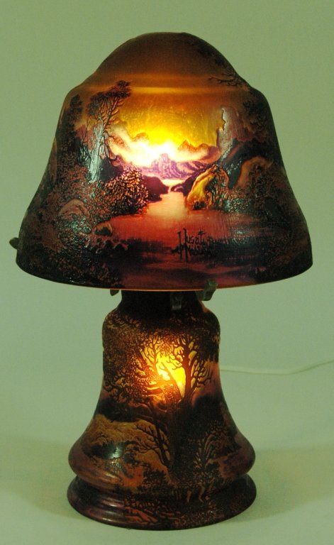 French Style Cameo Glass Boudoir Lamp: French style cameo glass boudoir lamp with mushroom shape shade, 14" H. shade is 9" dia. Bottom lights as well, at least 5 layers, signed Usat Noble? Late 20th century, good condition.