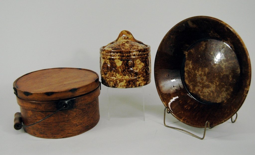 3 Piece Primitive Group: 3 piece primitive group; 19th century medium size 9.5" x 5.5" bail handled oak pantry box in good condition with great patina, 11.5" x 3.25" flared Bennington pottery bowl in abnormally good condition